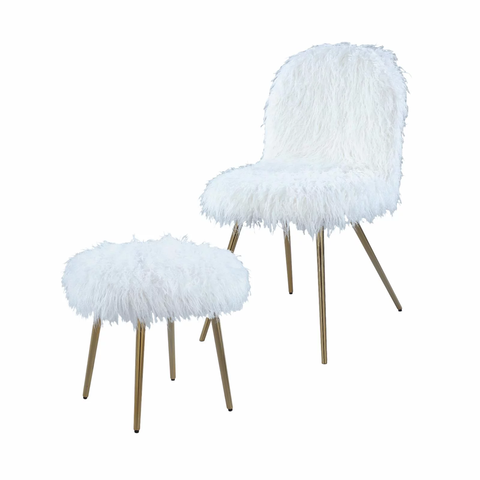 Roundhill Furniture Ravni Faux Fur Accent Chair Ottoman Set in White/Rose Gold