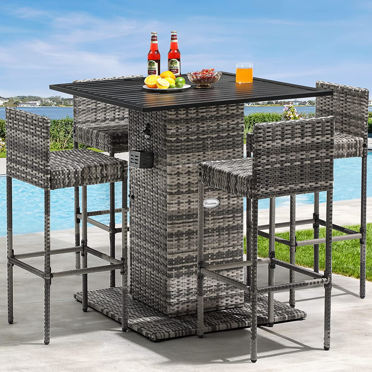 Dextrus 5-Piece Outdoor Wicker Bar Set with Built-in Bottle Opener, Metal Tabletop, Hidden Storage Shelf, 4 Stools with Backrest for Patios, Backyards, Gardens, Porches, Poolside (Gray Gradient)
