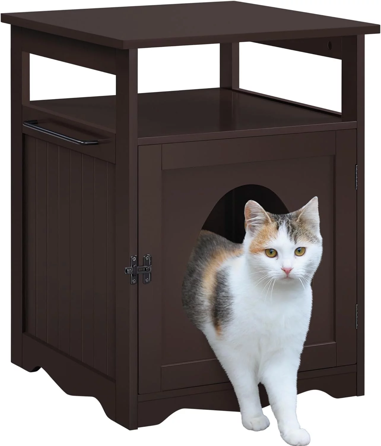 Cat Litter Box Enclosure, Hidden Cat Washroom Furniture, Lockable Pet Side Table with Wooden Structure Open Shelf, Decorative Pet House for Bathroom/Living Room Espresso