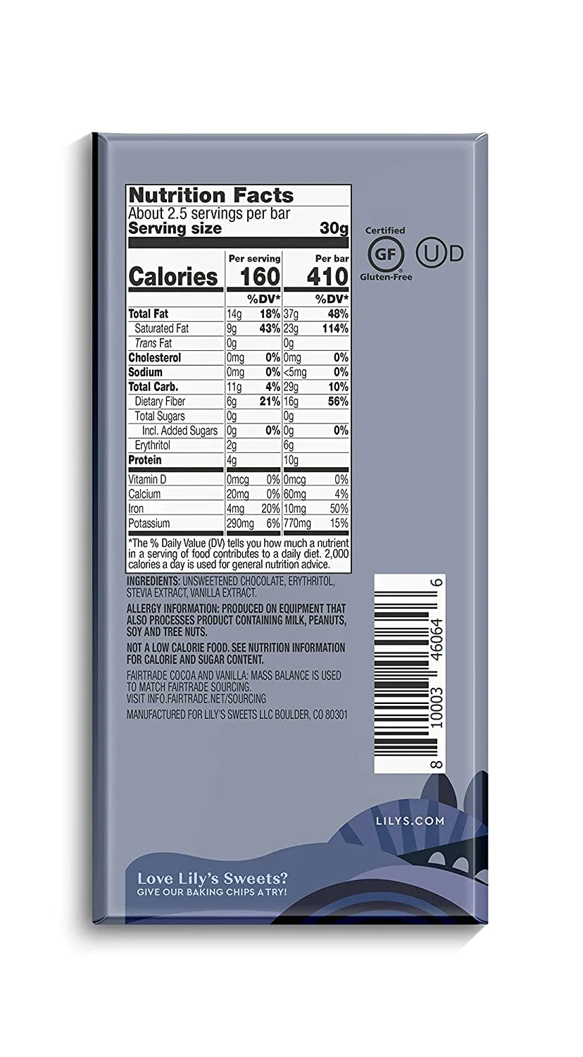 Lily's Sweets Intensely Dark Chocolate Bar 92% Cocoa 2.8 oz Pack of 4