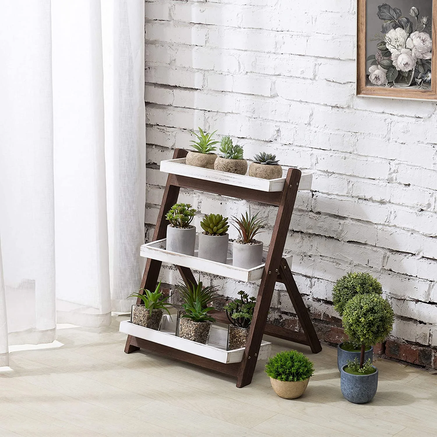 3 Tier Wooden Plant Stand, Burnt Brown Wood and Vintage White Freestanding Ladder Storage Shelf, Indoor Flower Pot Holder Display Rack
