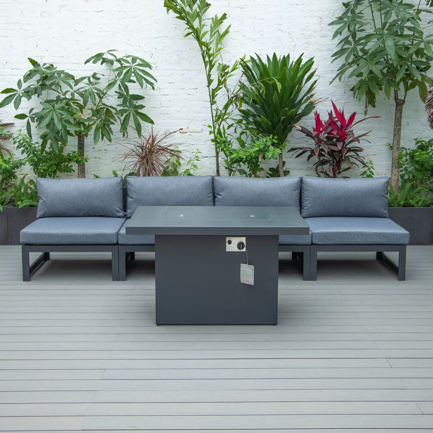 HomeStock Mountain Lodge 5-Piece Middle Patio Chairs and Fire Pit Table Set Black Aluminum With Cushions