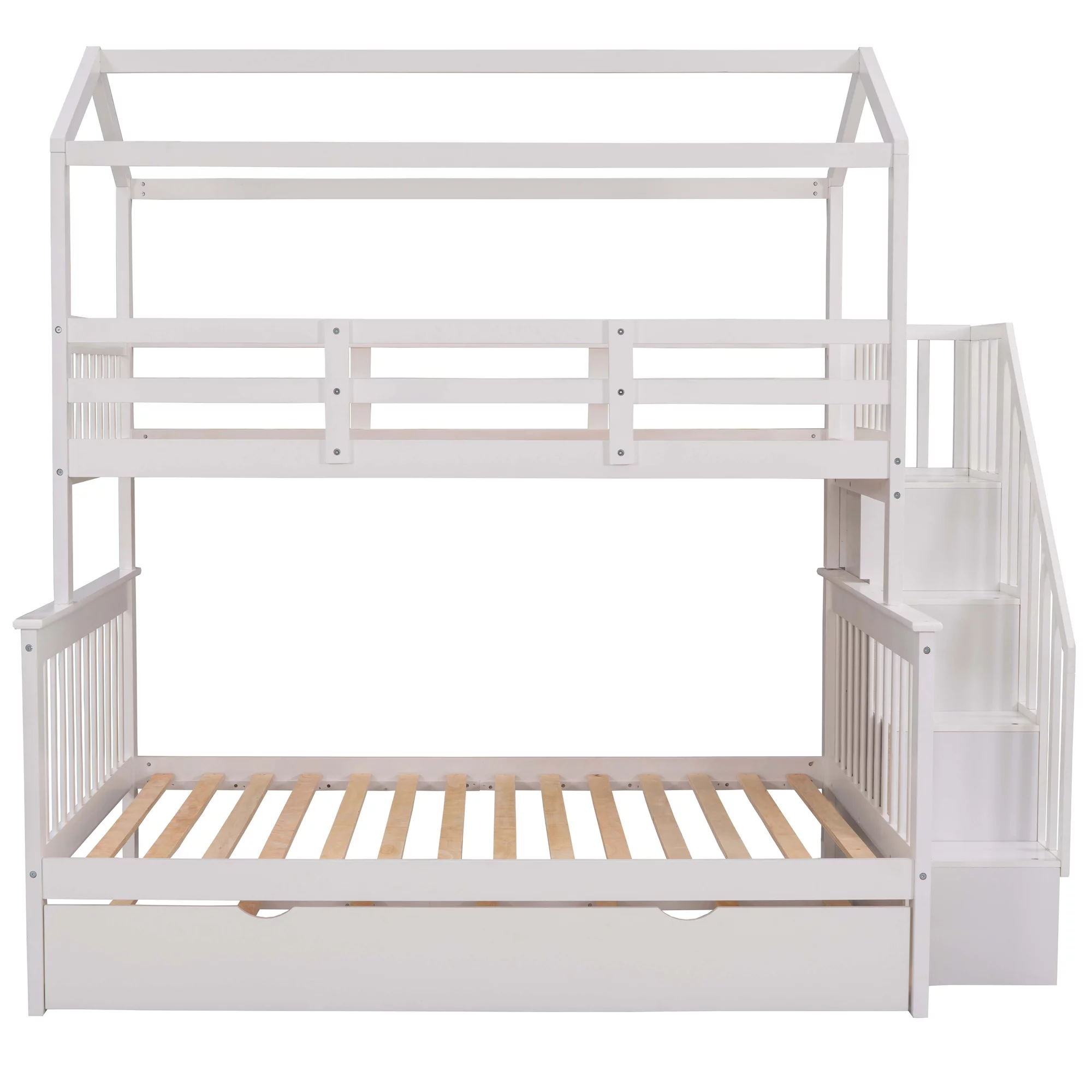 EUROCO Twin over Full House Bunk Bed with Trundle and Staircase, White