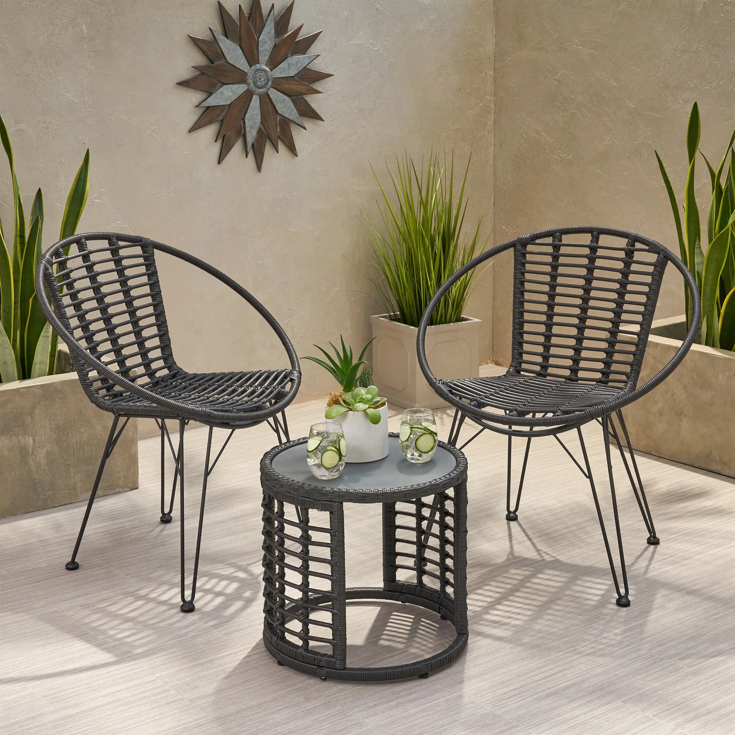 Manu Outdoor Modern Boho 2 Seater Wicker Chat Set with Side Table, Gray and Black