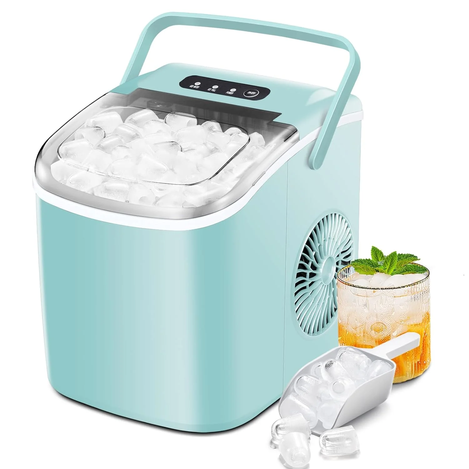 Ice Makers Countertop with Self-Cleaning, 26.5Lbs/24Hrs, 9 Cubes Ice Ready in 6 Mins, Portable Ice Maker with Ice Scoop/Basket for Home/Kitchen/Office/Bar, Green(with Handle)