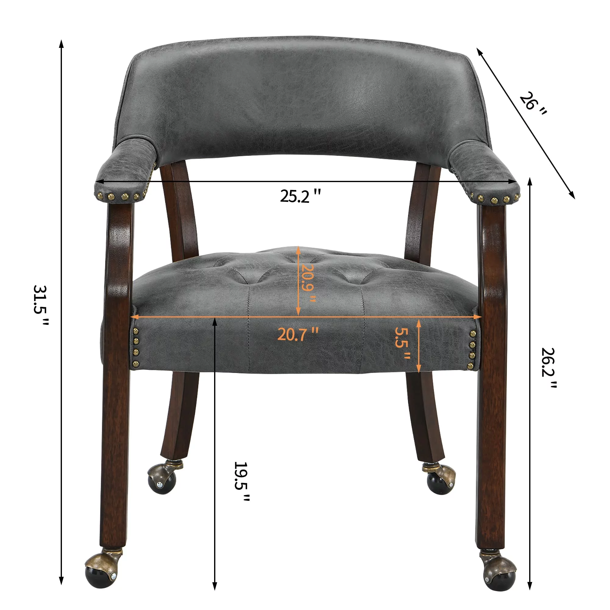 JESONVID Dining Chair with Casters Set of 2, Captain's Chair with Caster Dining Room Chairs with Rollers Curving Backrest Dinette Sets Poker Chair with Wheels Kitchen Table Rolling Chairs,Grey 318GY