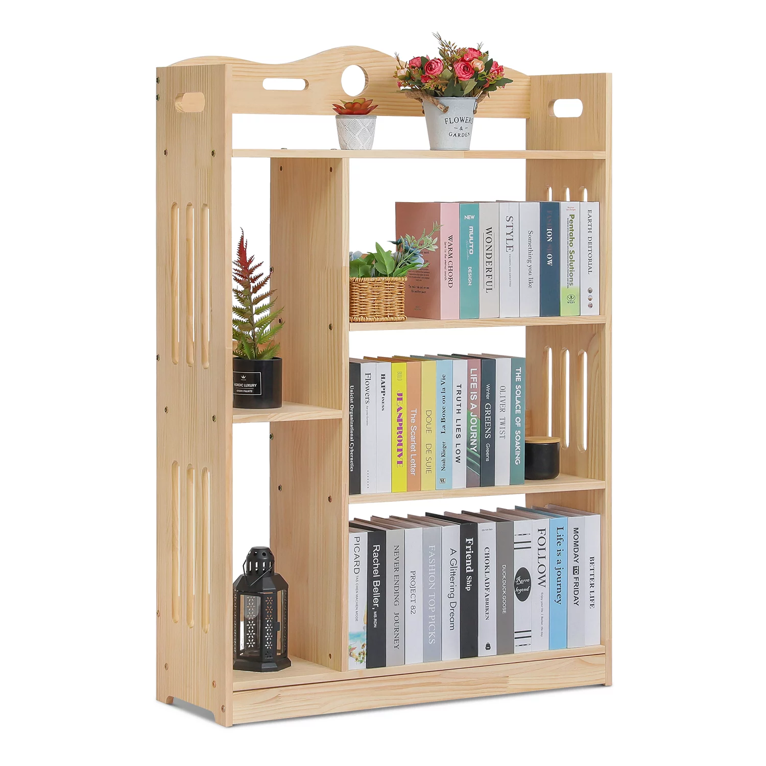 MoNiBloom Wood 4 Tiers Bookcase, Books Toys Storage Bookshelf, Natural, for Living Room