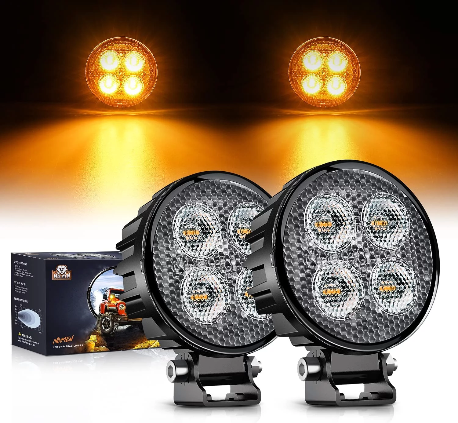 Nilight 2PCS 3Inch 12W Amber Round LED Yellow Work Pods Driving Light 90° Flood Beam Built-in EMC Offroad Side Fog Lights for Tractor Truck Motorcycle Boat SUV ATV UTV, 5 Years Warranty