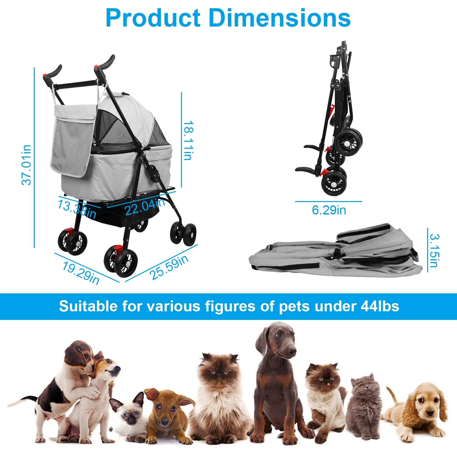 iMounTEK Pet Dog Stroller, 3 in 1 Folding Cat Dog Stroller with Detachable Carrier & Storage Basket, 4 Wheels Travel Stroller for Puppies, Doggies, Kitties, Grey