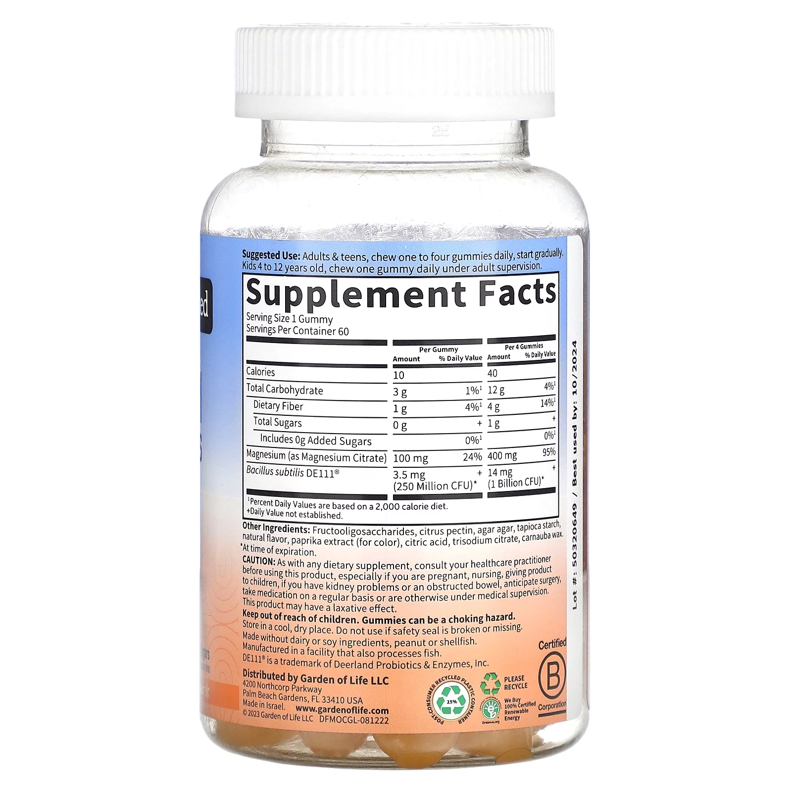 Garden of Life Magnesium with Pre & Probiotics Gummies, Orange Creme, 60 Gummies