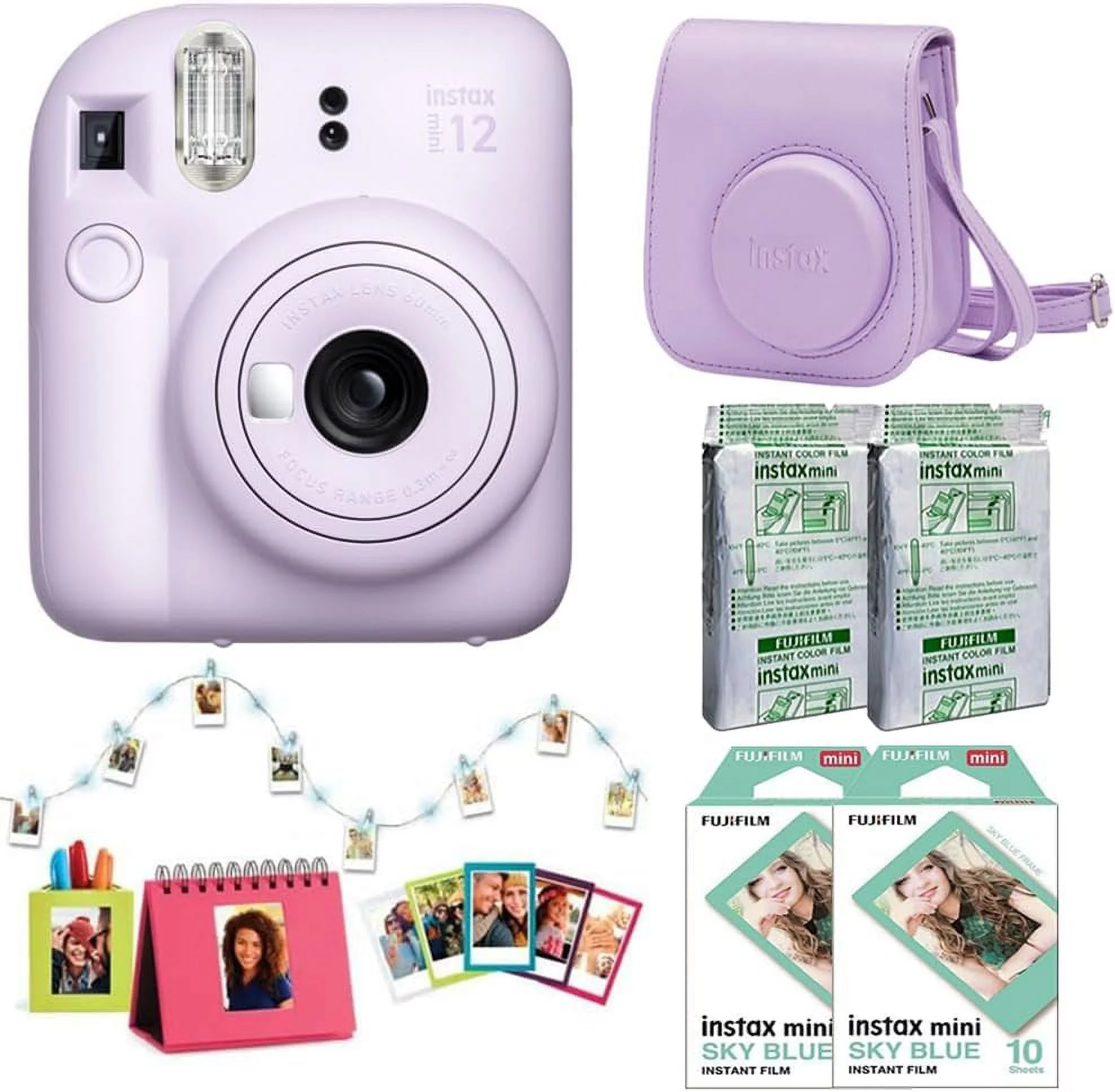 Fujifilm Instax Mini 12 Instant Camera Accessory Kit (Lilac Purple) with Instax Mini Film - Foil Pack (4 Pack), Instax Mini Accessory Kit & Case