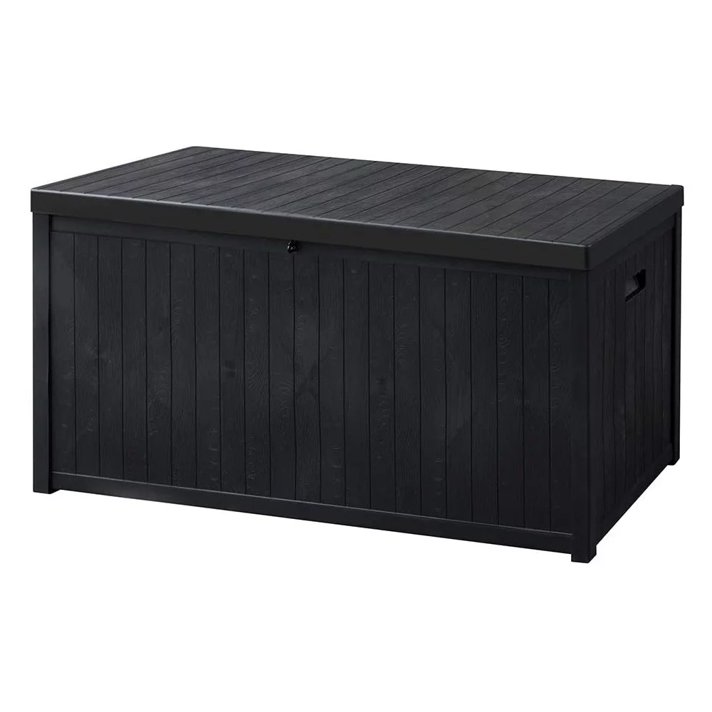 Superjoe 120 Gallon Outdoor Deck Storage Box, Patio Resin Storage Bin Outdoor Cushion Storage, Wooden-Like (Black)