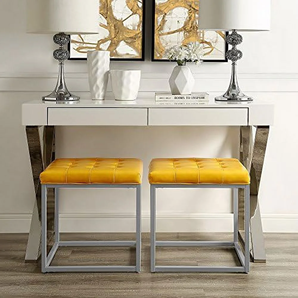 FDSHOIYN Yellow Cube Ottoman | PU Leather | Button Tufted | Metal Frame | Living Room Entryway | Modern Contemporary