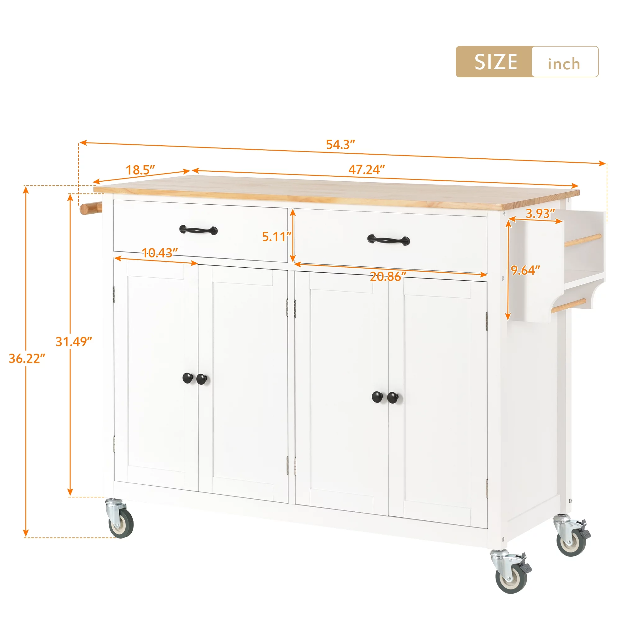 CHURANTY Rolling Kitchen Island Cart with Solid Wood Top and Locking Wheels, 4 Door, Storage Cabinet and Two DrawersSpice Towel Rack,White