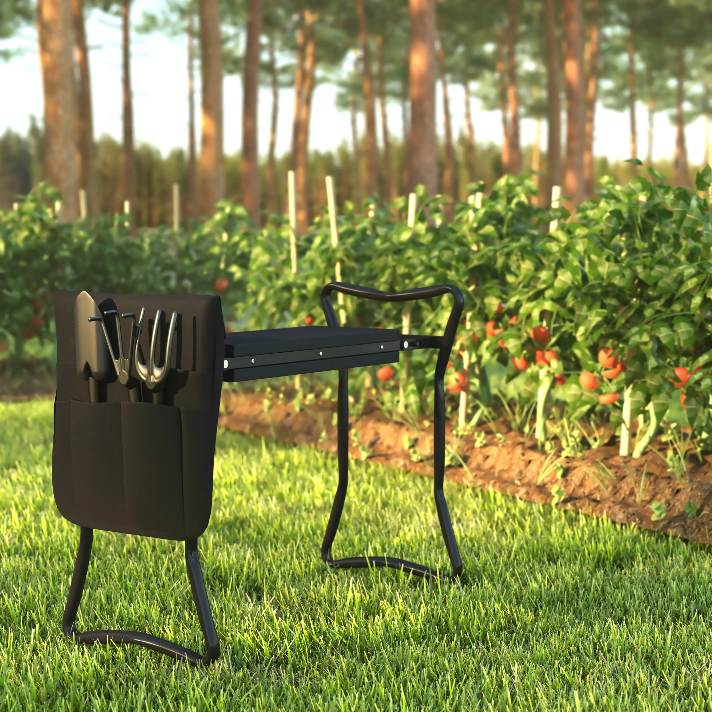 Emma + Oliver Foldable Black Garden Kneeler, Weather Resistant Iron Frame with Black Foam Seat and Included Tool Storage Pouch