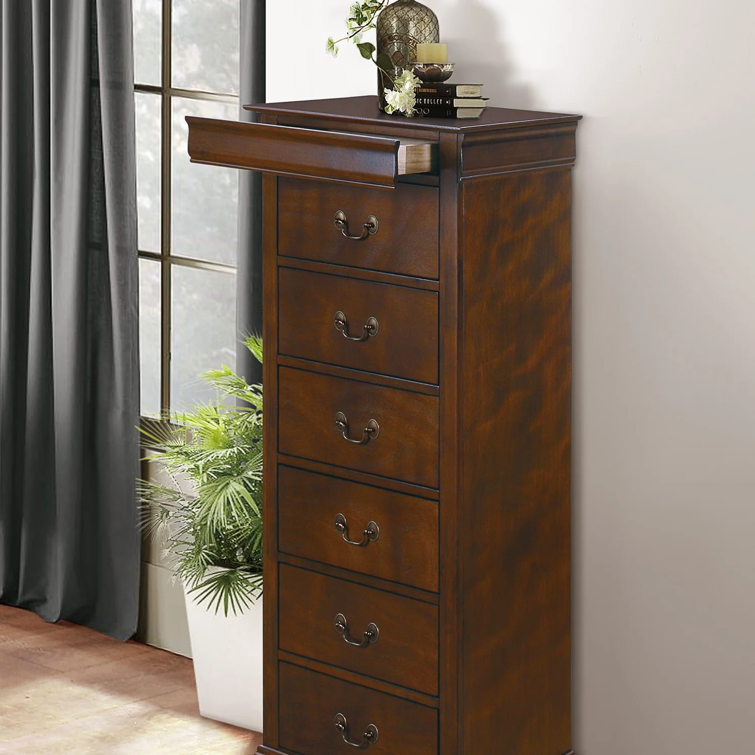 Traditional Design Louis Phillippe Style 1pc Lingerie Chest of 7x Drawers Brown Cherry Finish Hidden Drawers Wooden Furniture