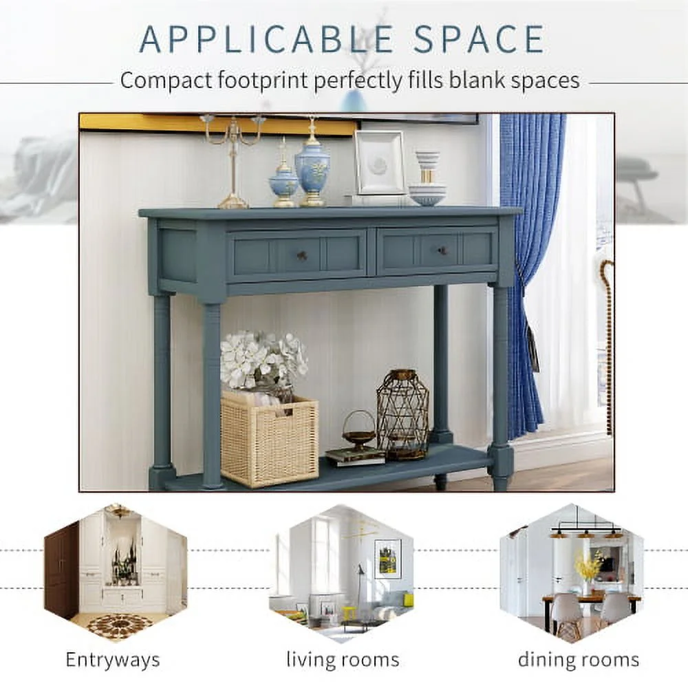 Wulawindy Daisy Series Console Table Traditional Design with Two Drawers and Bottom Shelf (Navy)