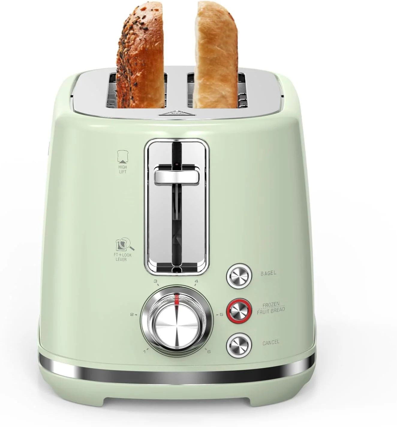 Toaster with Extra Wide Slots & Removable Crumb Tray - 6 Browning Options, with Lift + Look, Auto Shut Off & Frozen Function, Toast Fruit Bread, Bagel & Waffle, Pastel Green