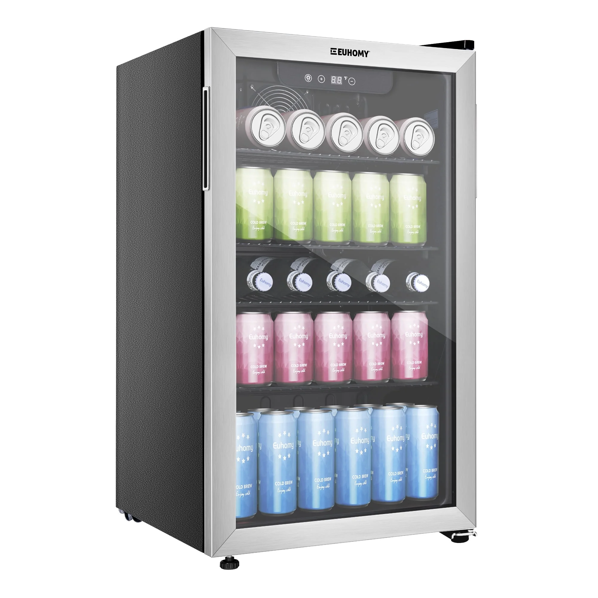 Euhomy 126 Can Beverage Refrigerator, Mini Fridge with Glass Door & Adjustable Shelves, Stainless Steel (Silver)