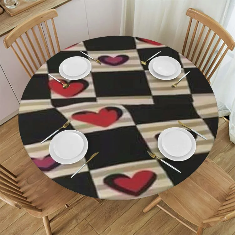 Fenyluxe Checkered Valentines Tablecloth Round ,Black Plaid Table Cloth,Stain Resistance Polyester Red Heart Valentine's Day Table Covers for Kitchen Dining,Tablecloth for Parties Picnic White