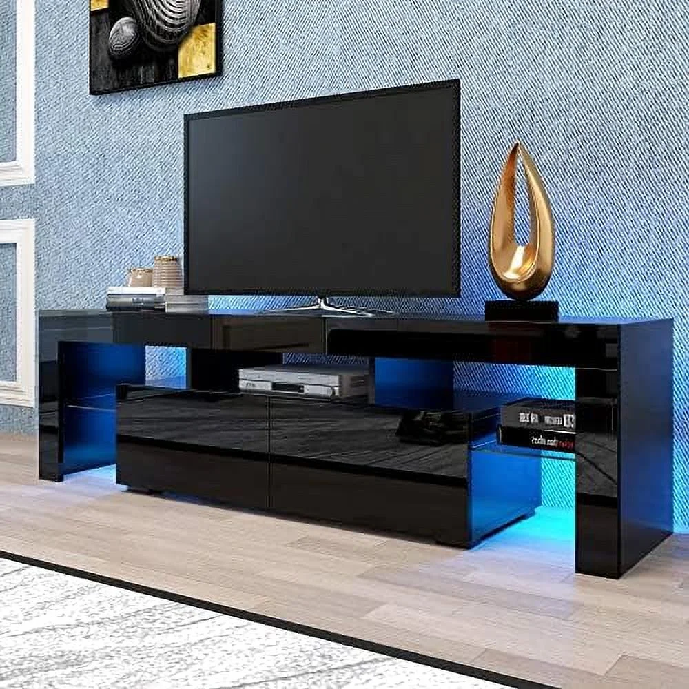 GEROBOOM Glossy LED TV Stand with 16 Colors RGB LED Lights Modern Media  Console with 2 Drawers Television Table TV Cabinet for Up to 70 Inch TV TV Entertainment Center Cabinet for Living