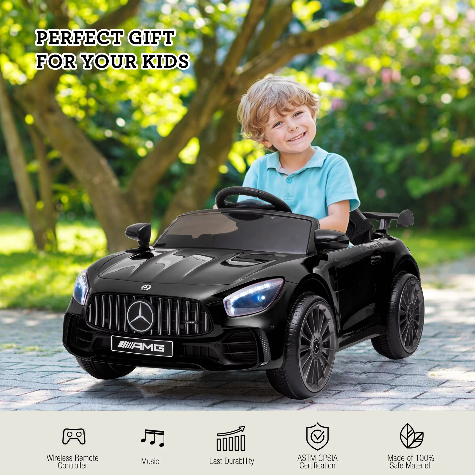 JOINATRE 12V Kids Ride on Car, Licensed Mercedes Benz AMG GTR Electric Cars, Battery Powered Ride on Toys with Remote Control, 3 Speeds, Music, LED Lights and Safety Belt, Black