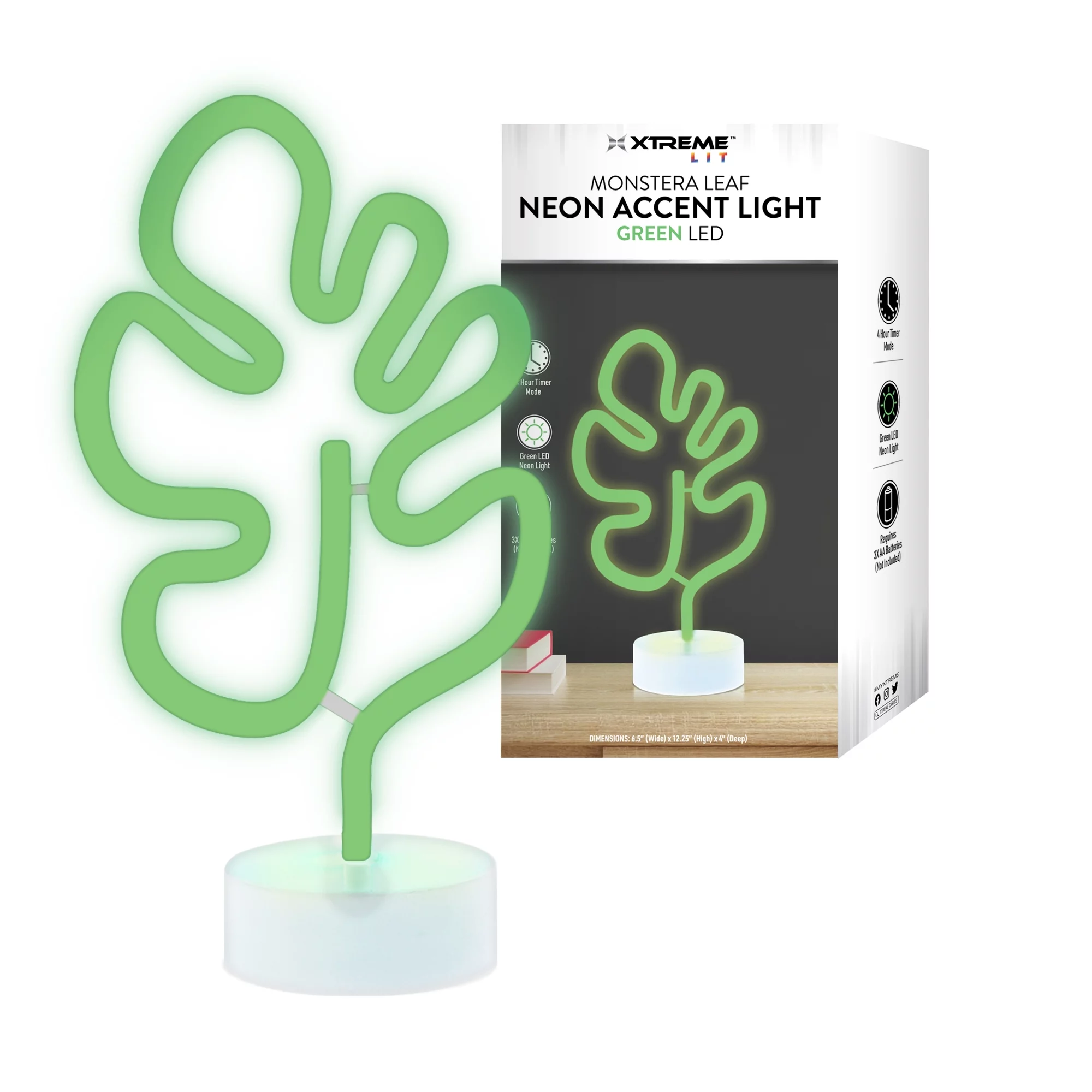 Xtreme Lit 6.5 x 12.25 Neon Monstera Leaf Lamp, Indoor Novelty Plastic Tabletop Sign