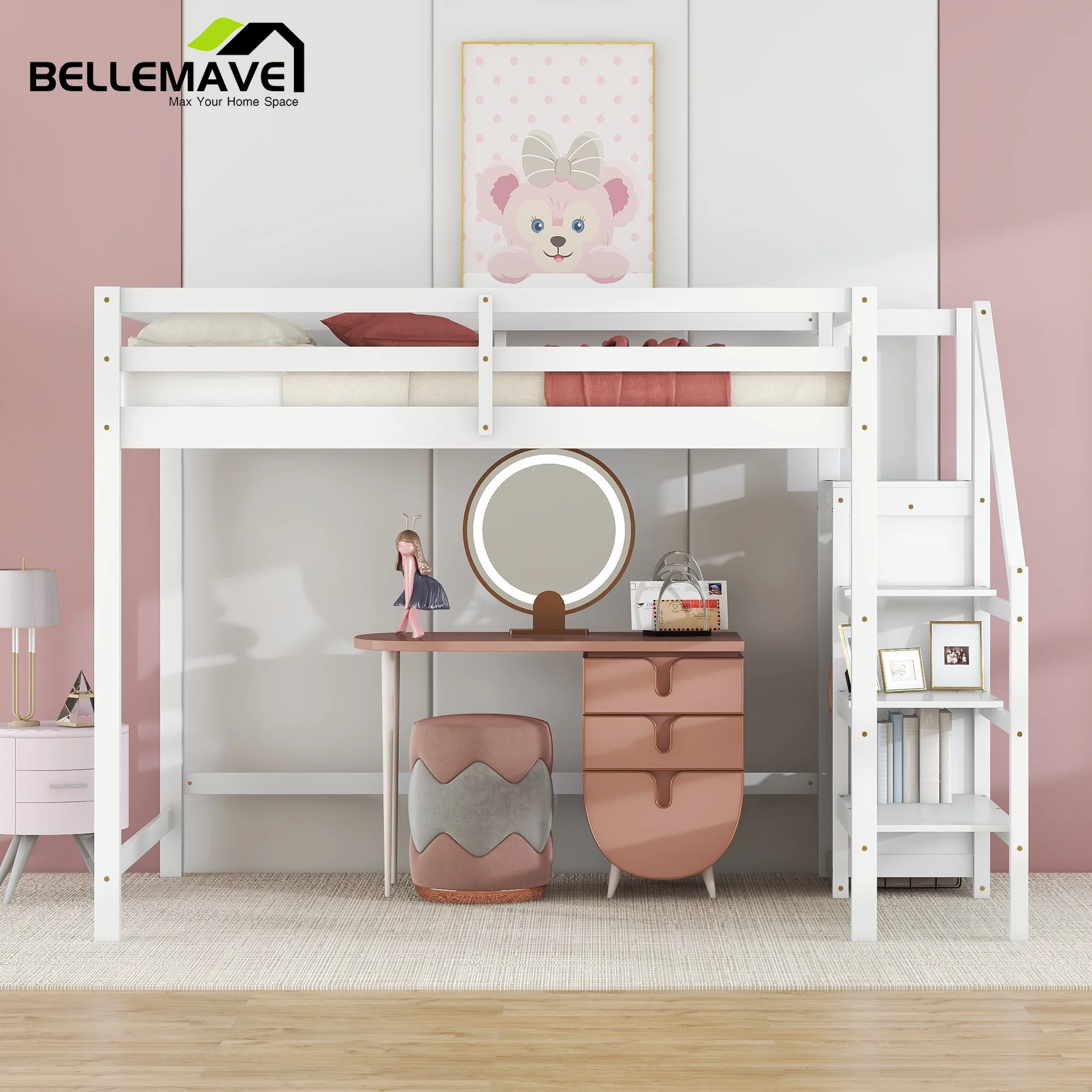 Bellemave Full Size Loft Bed with Storage Staircase Wooden Full Loft Bed Frame with Built-in Storage Wardrobe and Guardrails for Kids, Teens, No Box Spring Needed, White