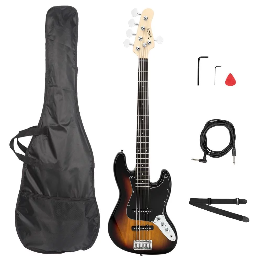 Glarry Electric 5 String Bass Guitar Full Size with Bag Strap Pick Connector Wrench Tool