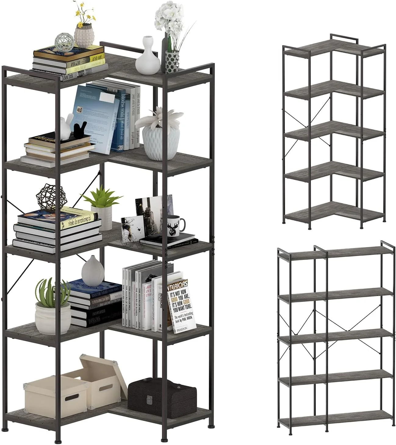 Bookshelf 5 Tier Deformable Corner Bookcase Free Standing Modern Industrial Book Storage Display Book Shelf for Bedroom Living Room Study Room Office (Dark Grey)