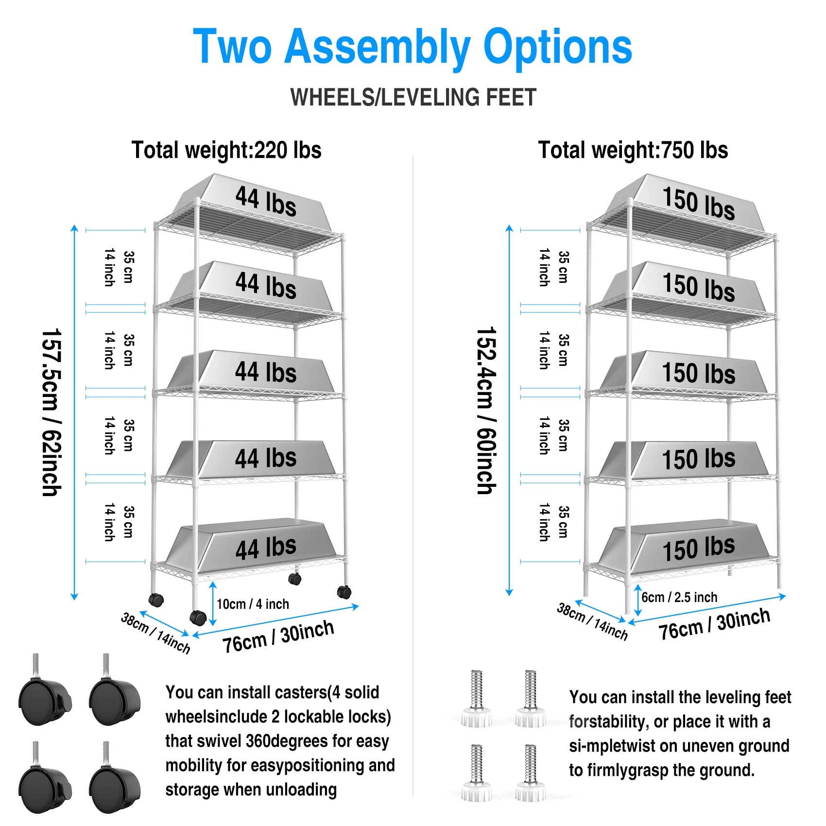 2 Pack 5 Tier Shelf Wire Shelving Unit, NSF Heavy Duty Wire Shelf Metal Large Storage Shelves Height Adjustable Utility for Garage Kitchen Office Commercial Shelving Steel Layer Shelf - White