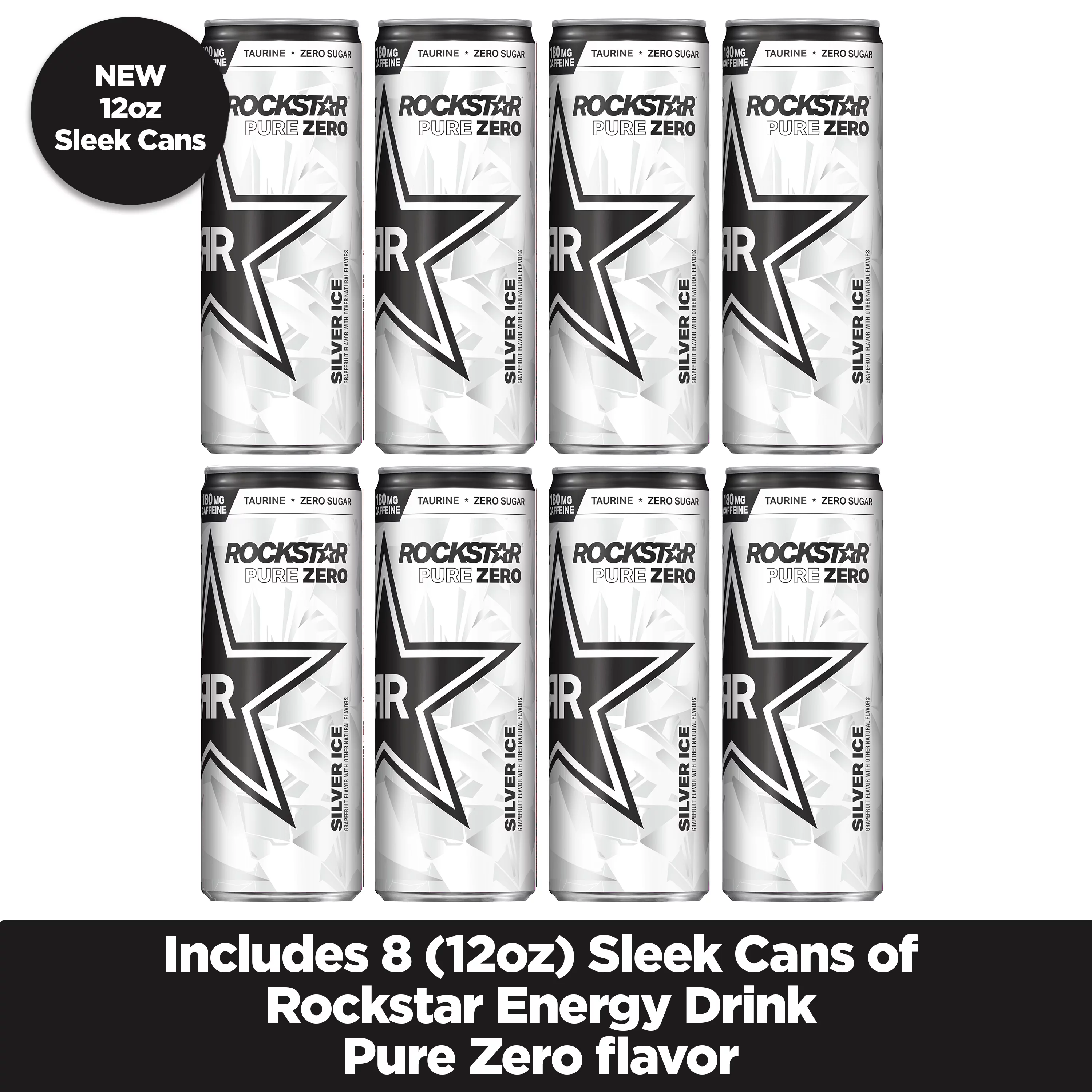 Rockstar Pure Zero Silver Ice Energy Drink, Sleek Can, 12 oz, 8pk