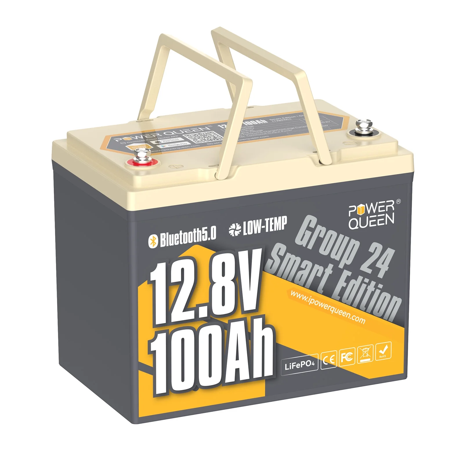 Power Queen 12V 100Ah Smart Bluetooth Group 24 LiFePO4 Battery Low Temp Protection Lithium Batteries for Solar RV Marine Trolling Motor Off-grid