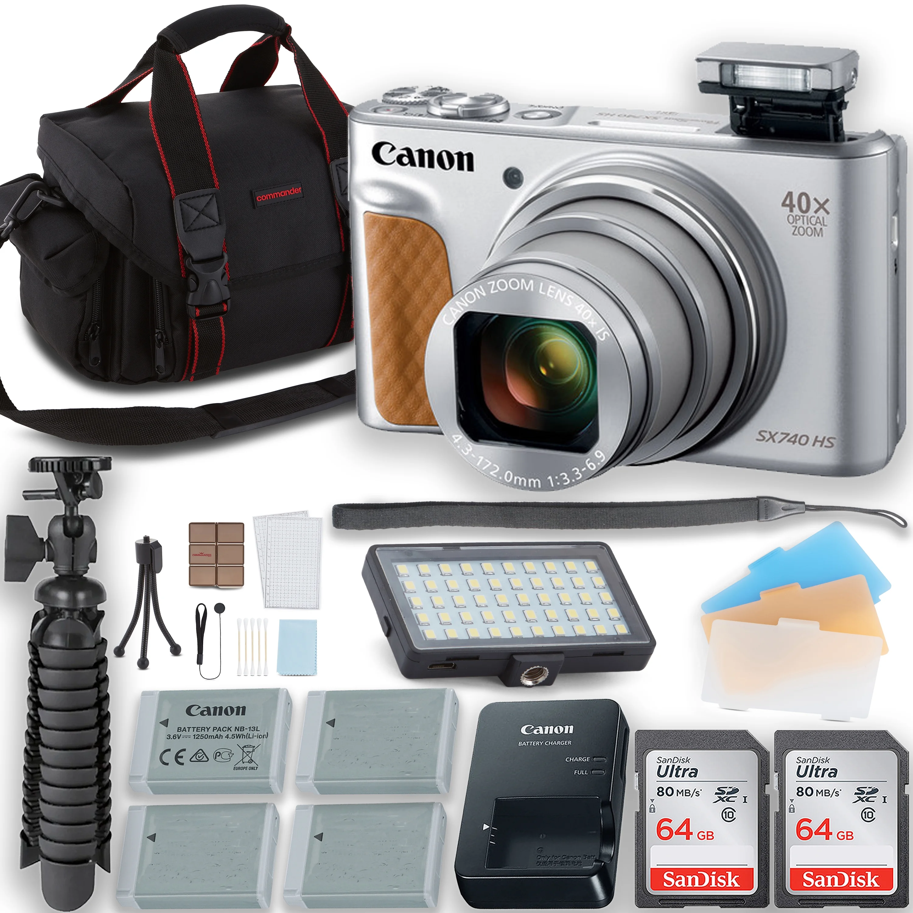 Canon PowerShot SX740 HS Digital Camera (Silver) With LED Video Light + 3 Extra Batteries + Two 64GB Memory Cards + Tripod + Case & More