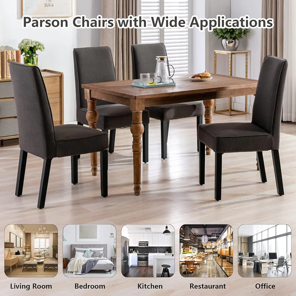 CHDEUSL Linen Upholstered Dining Chairs  High Back Fabric  Parson Chairs 2PC Armless Padded Kitchen Room Dinner Chairs with Solid Wood Legs and Removable Cover (Dark Brown)