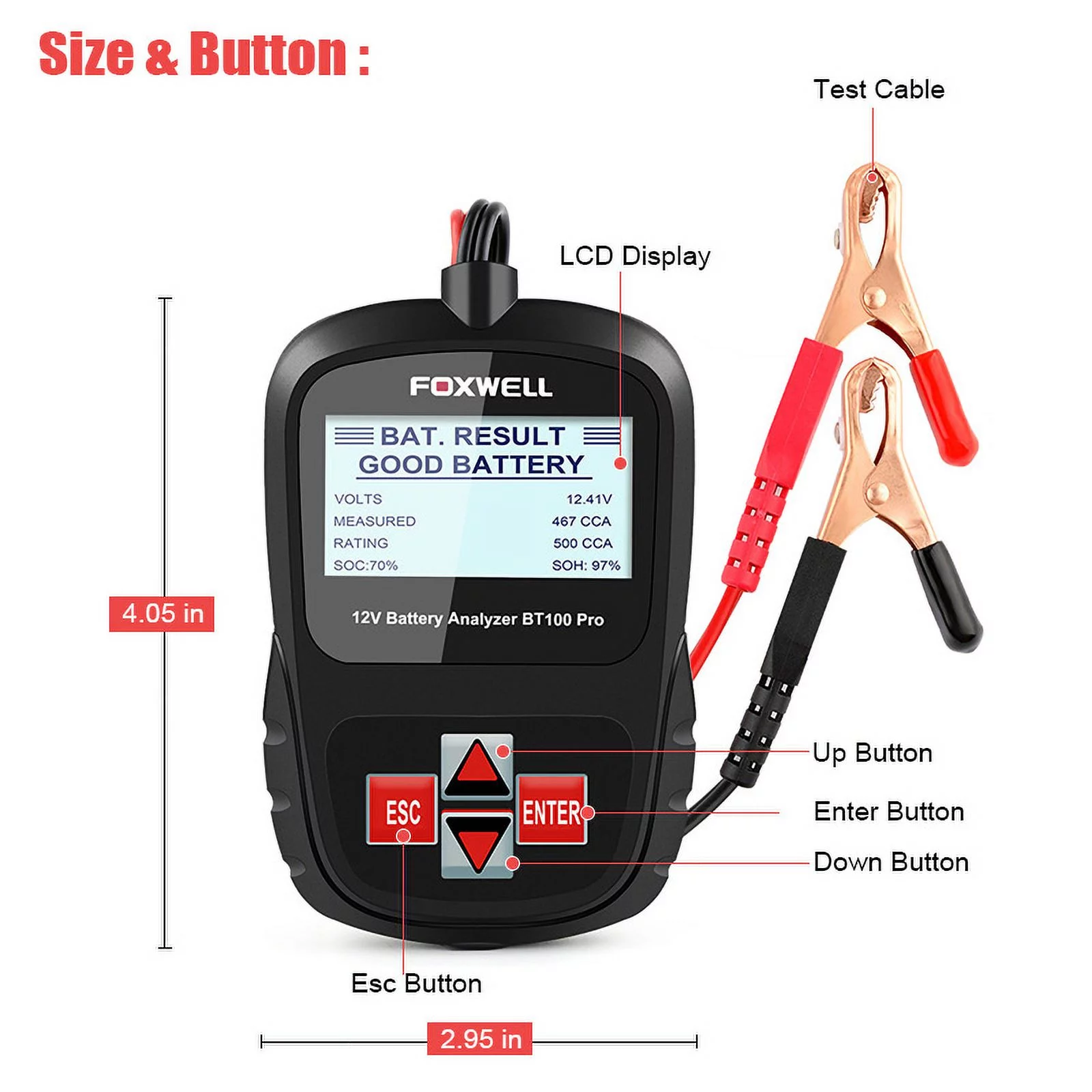 FOXWELL BT100 PRO 12V Car Battery Tester Charging Test AGM GEL Charging Analyzer 100-1100CCA Automotive Batteries Analyzer Car 6V-12V Battery Status Diagnostic Tool