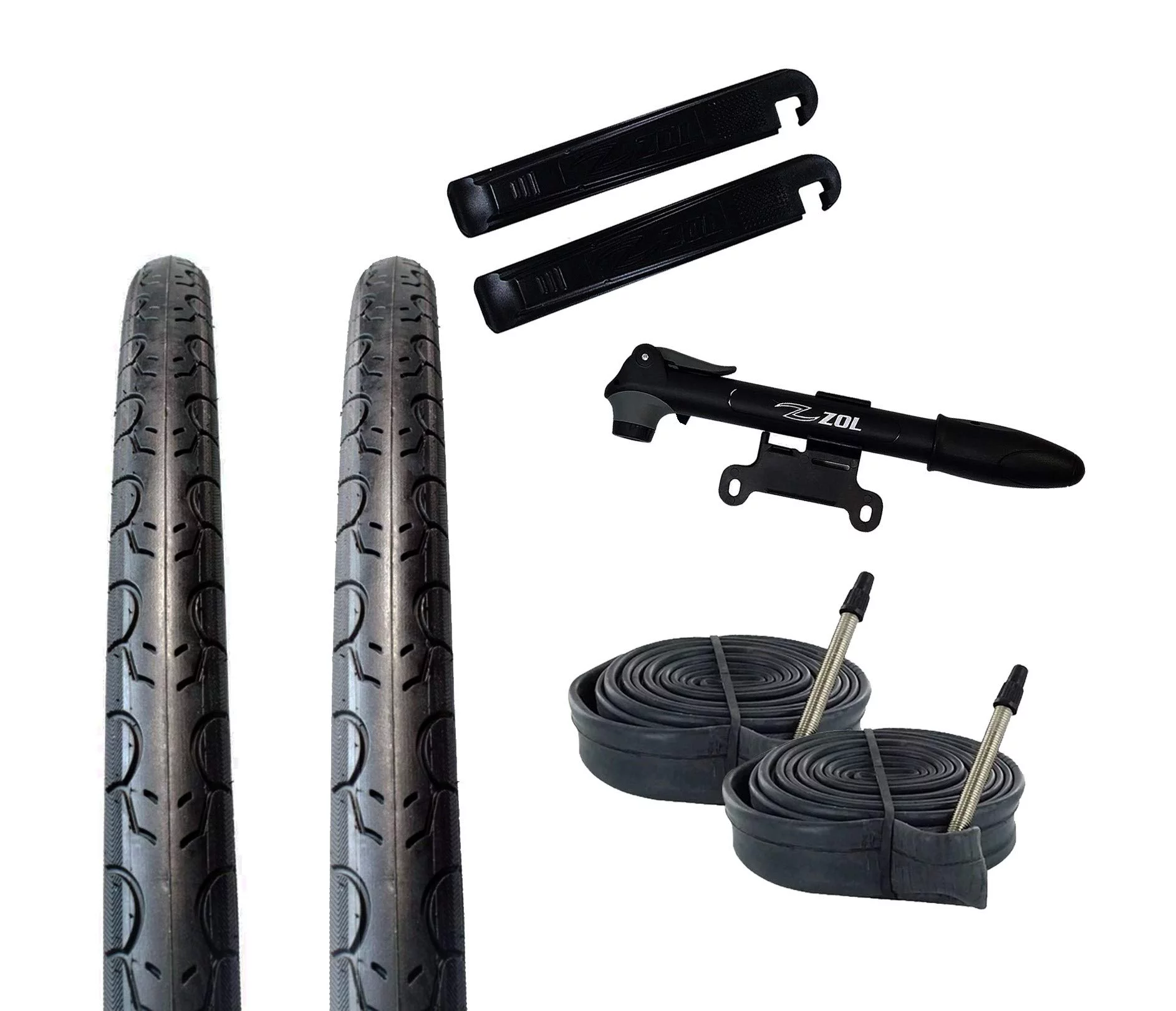 Zol Bundle 2 Pack Road Tires, 2 Bike Tubes 700x28C Presta/French, 2 Tire Levers and 1 Zol Mini Pump