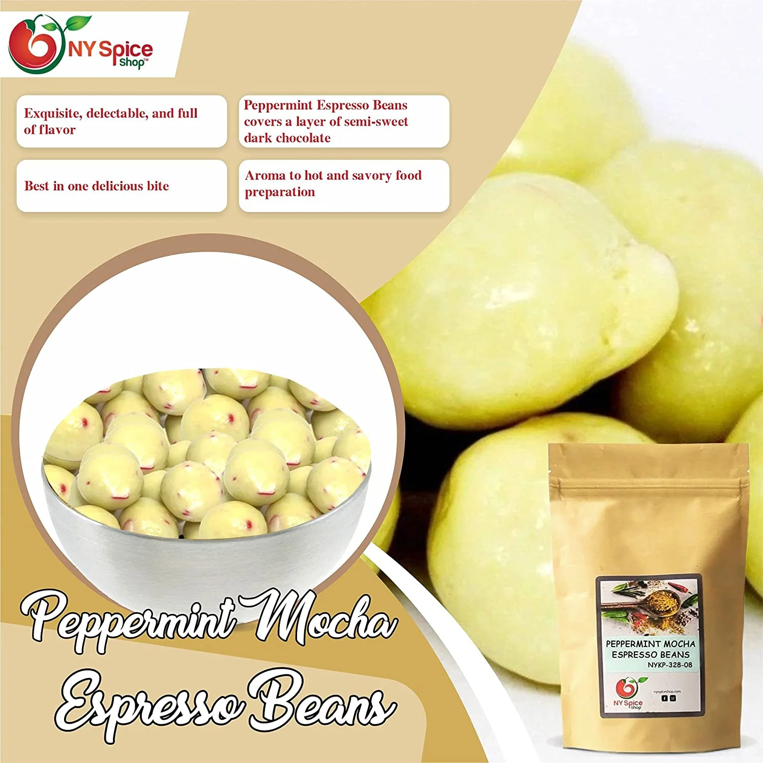 NY SPICE SHOP Peppermint Mocha Espresso Beans - 08 Ounce - Chocolate Covered Espresso Beans – Peppermint Roasted Bean