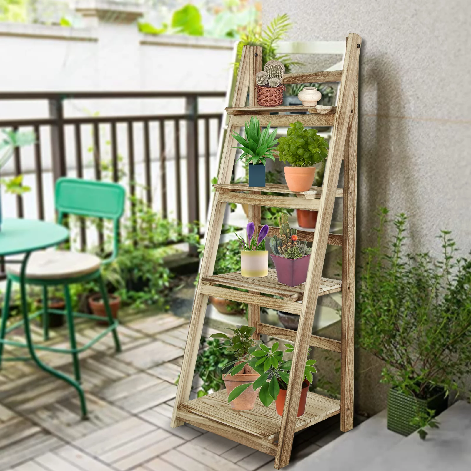 Fionafurn 4 Tier Step Ladder Shelf, Wooden Step Planter, 4 Tier Foldable Bookshelf for Home Bedroom Office, Natural