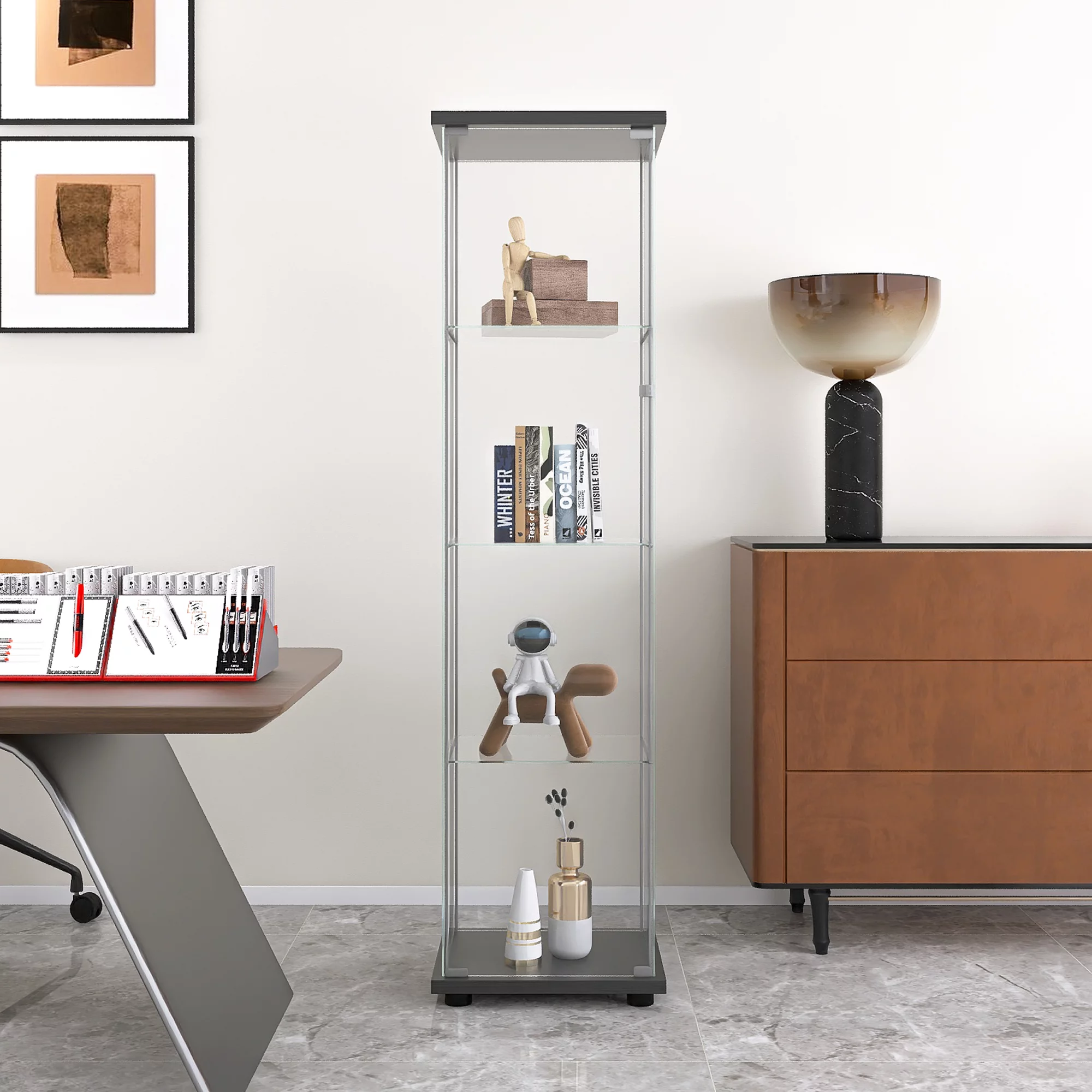 alemior Glass Cabinet-b Glass Display Cabinet 4 Shelves with Door, Floor Standing Curio Bookshelf for Living Room Bedroom Office, 64.7