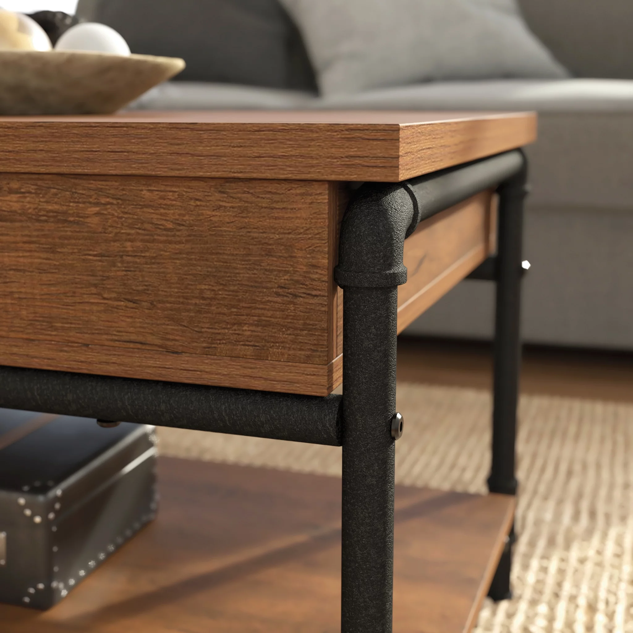 Sauder Iron City Industrial Pipe Lift-Top Coffee Table, Checked Oak Finish