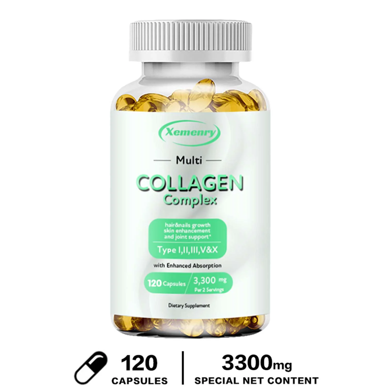 Xemenry Collagen Complex 3300mg-Type I, II, III, V, X -Hydrolyzed Collagen, Anti-Aging(30/60/120pcs)