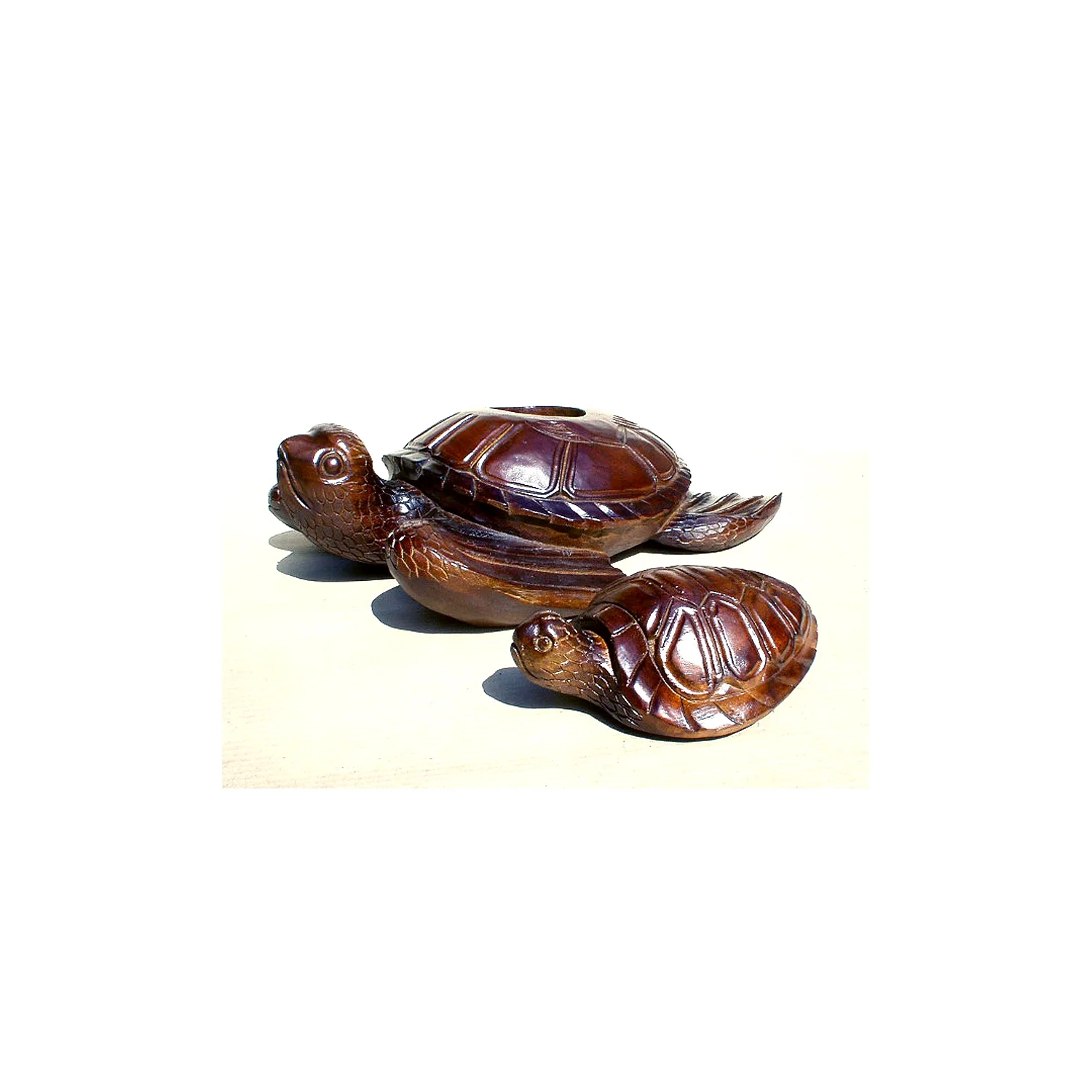 D-Art Collection Teak and Mahogany Solid Wood Turtle Statuettes in Dark Brown