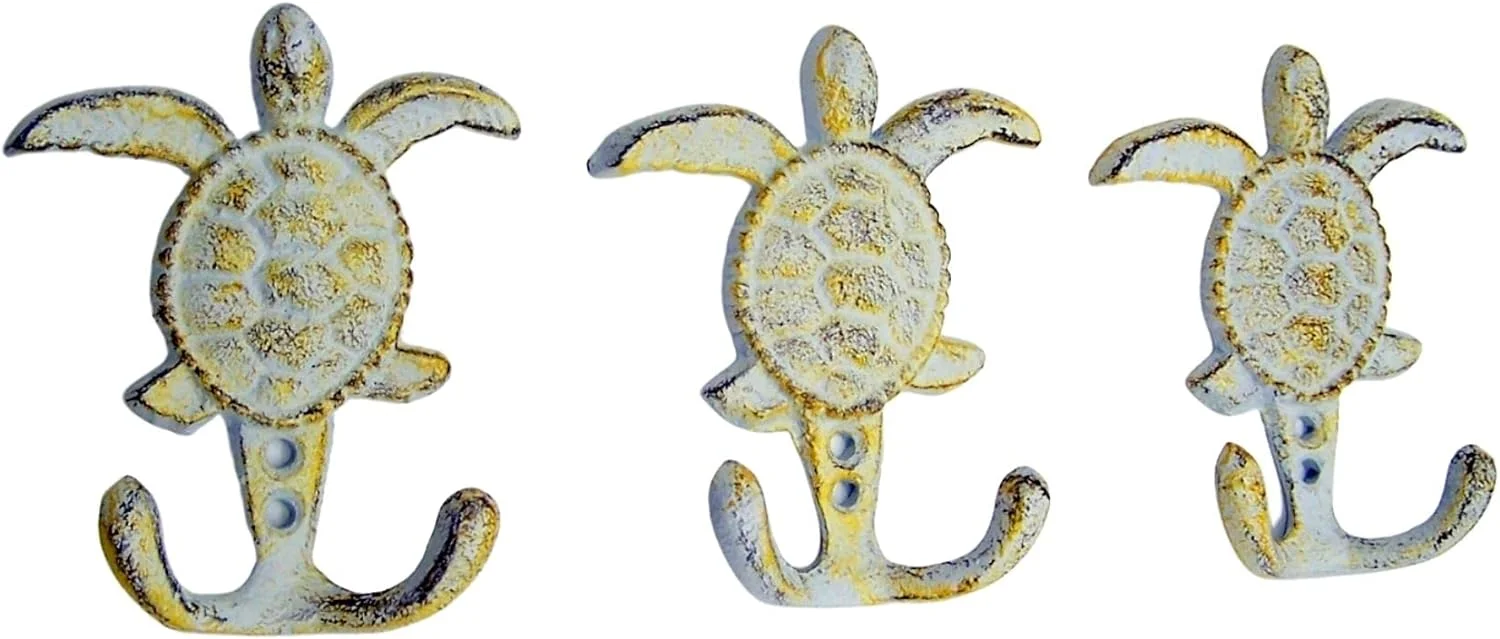 Distressed White & Yellow Cast Iron Sea Turtle Wall Hooks, Set of 3, 4.75 Inches