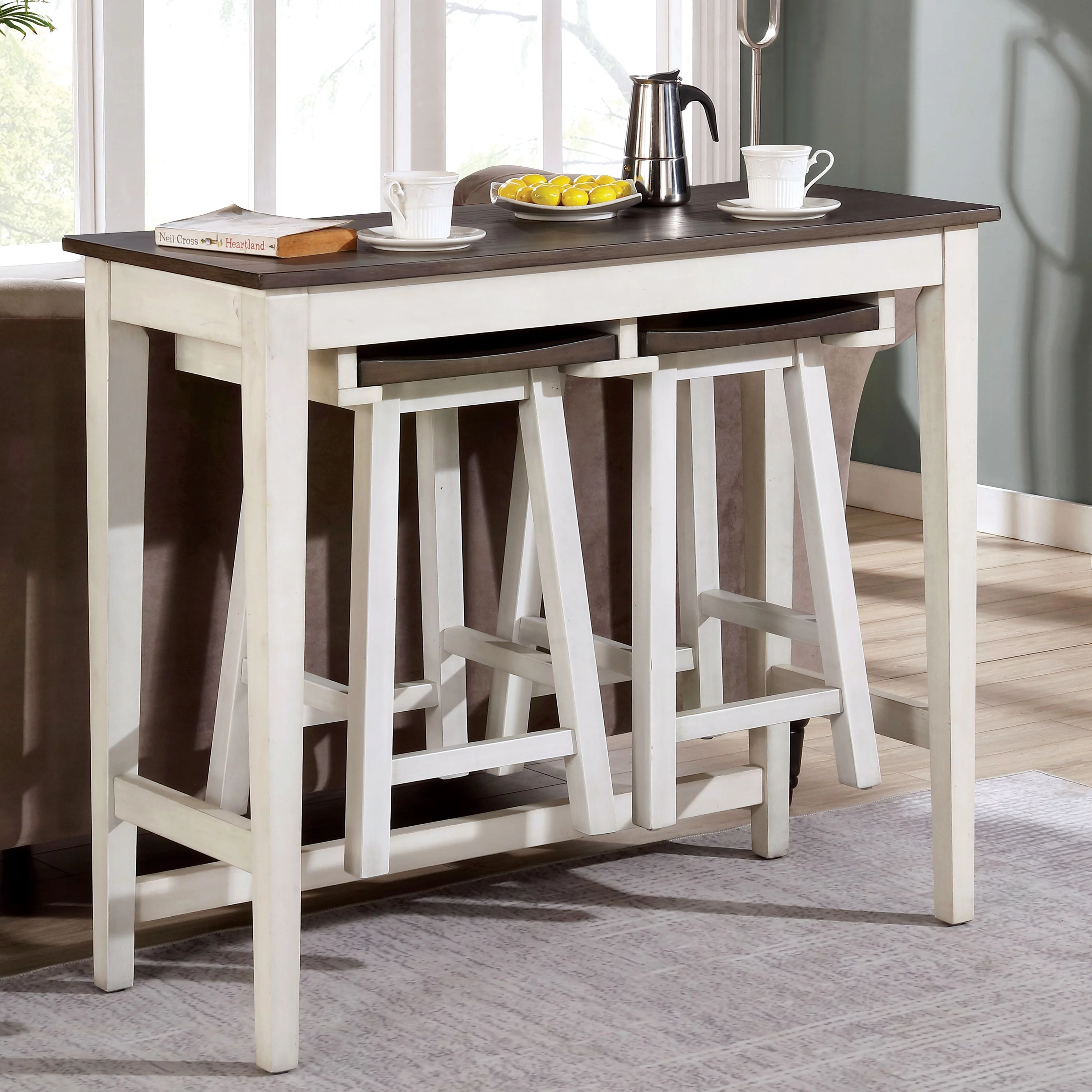 Furniture of America Tryst 3-Piece Wood Bar Table Set, White and Gray