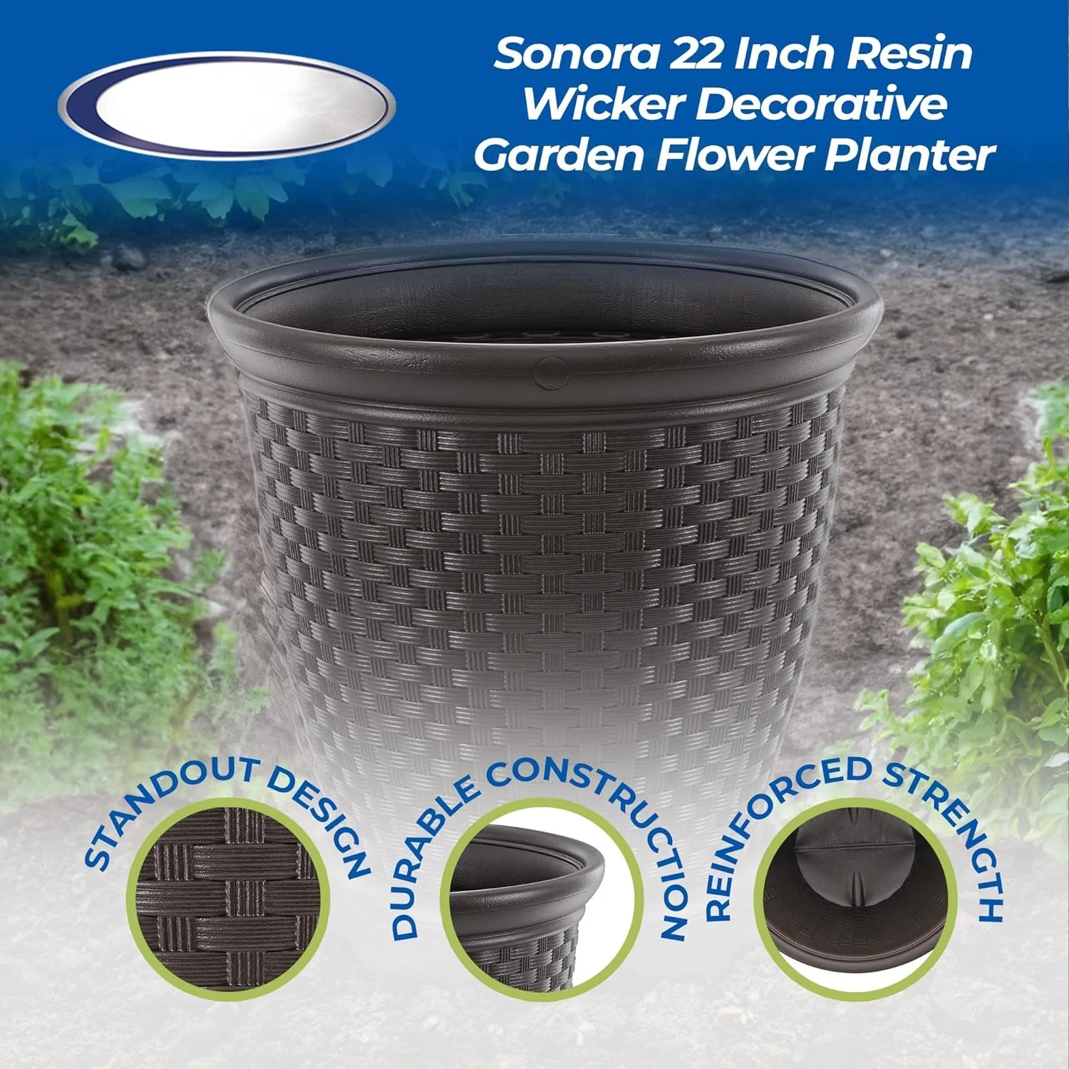 Sonora 22 Inch Plastic Wicker Indoor or Outdoor Decorative Garden Flower Planter for Entryways, Porch, and Backyard Patios, Dark Brown