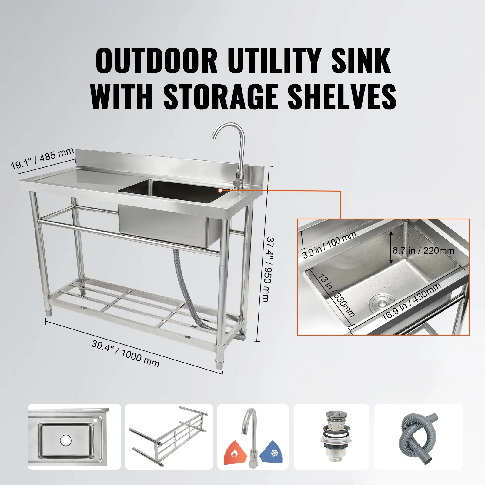 SKYSHALO Commercial Public Facilities And Preparation Of Single Bowls, Bring The Workbench 39.4 x 19.1 x 37.4 inch