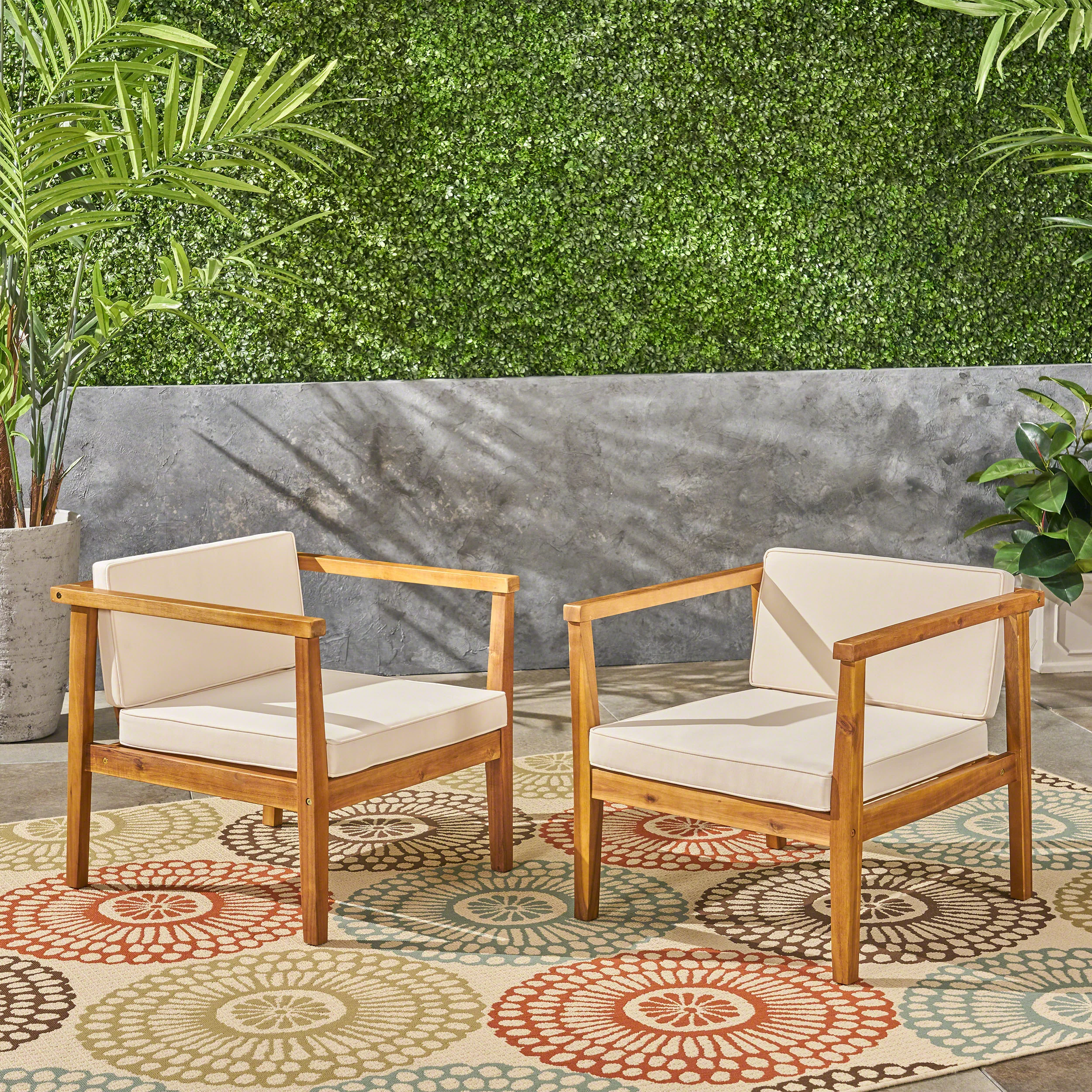 Noble House Newbury Outdoor Acacia Wood Club Chair in Beige (Set of 2)