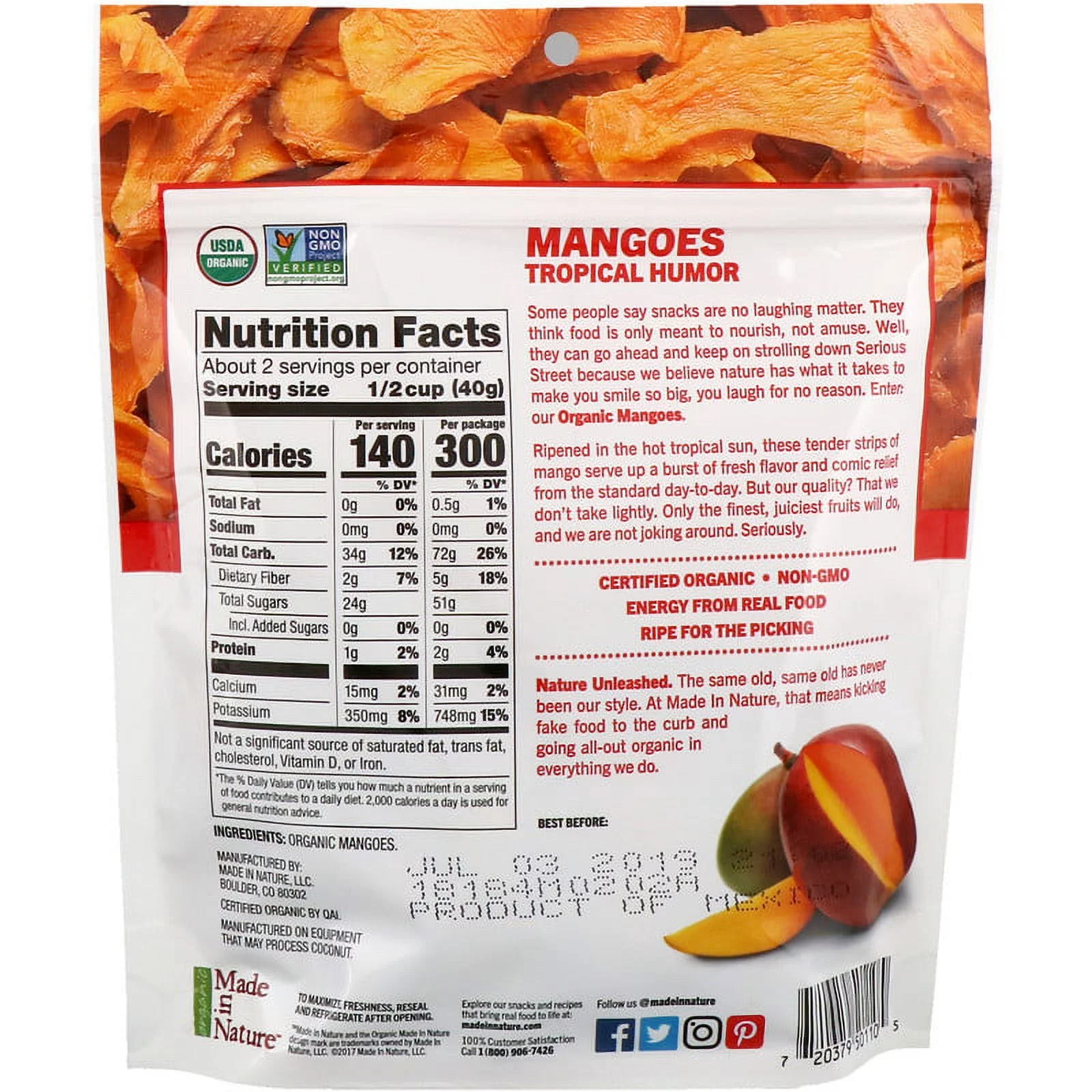 Made In Nature Organic Sweet & Tangy Dried Fruit Mangoes 3 oz Pack of 3
