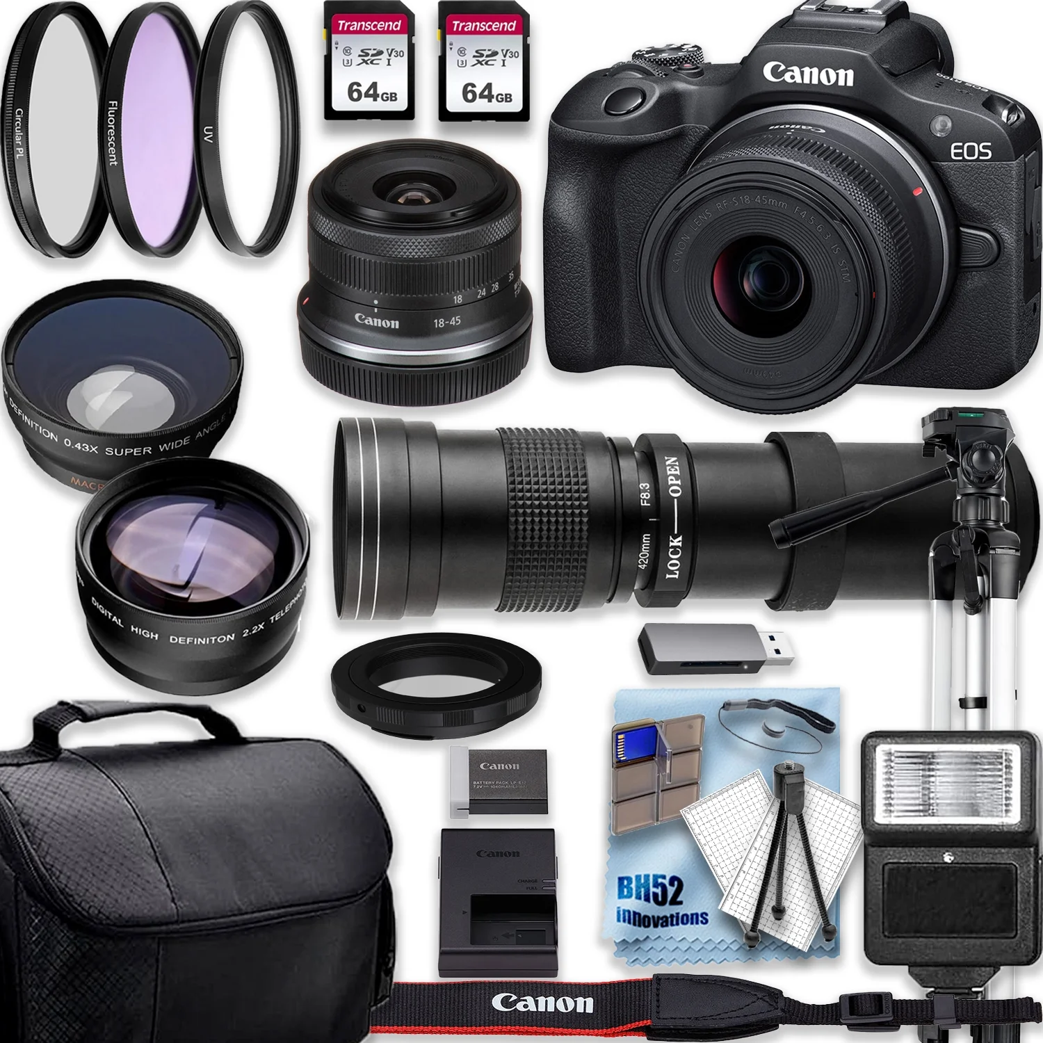 Canon EOS R100 4K Video Recording Mirrorless Camera with 18-45mm and 420-800mm f/8.3 HD Telephoto Zoom Lenses + 2 X 64GB Fast Transcend Memory + Deluxe Accessory Bundle